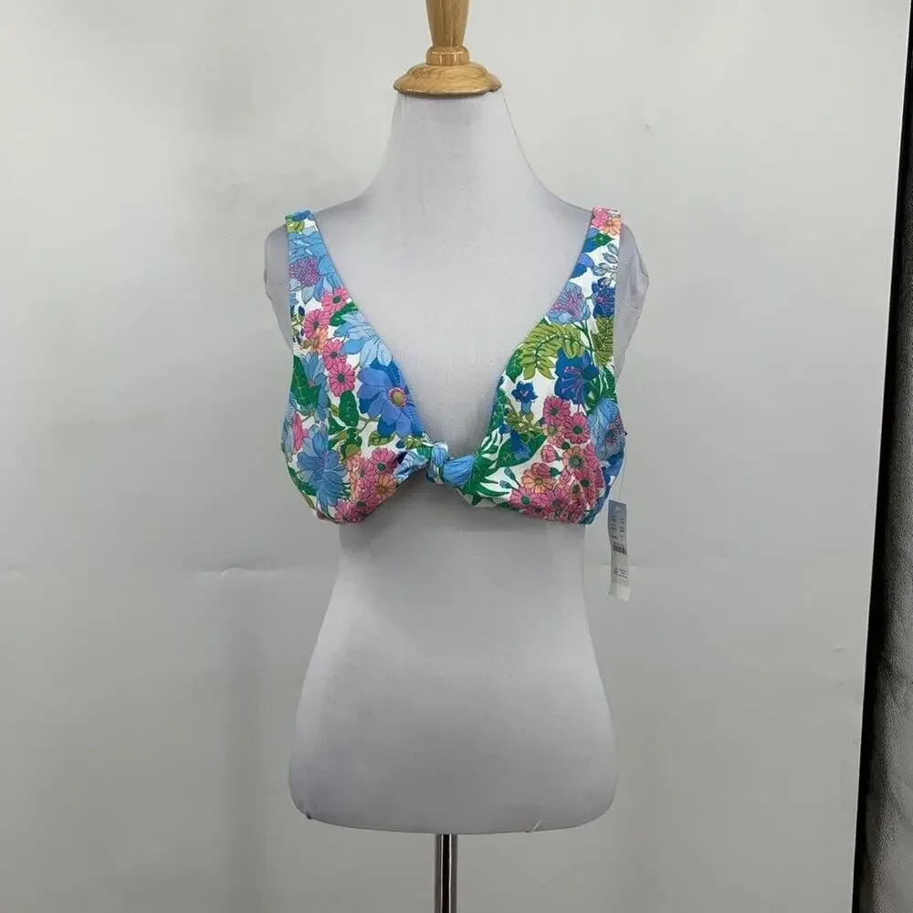 J Crew Bikini Top Womens L Large Multi Fairy Floral Print Eco Tie Front Swimwear